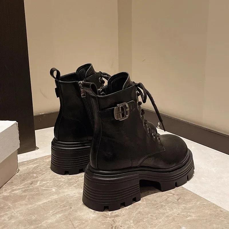 Модные женские ботильоны на толстой подошве, мотоциклетные ботинки, зимняя мода для девочек, на шнуровке, с толстым каблуком, с пряжкой на ремне, сохраняющая тепло обувь на платформе