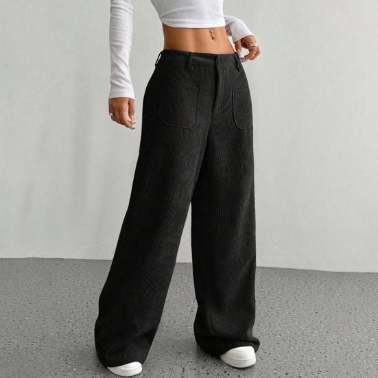 Женские брюки с низкой посадкой, на молнии и пуговице, прямые широкие длинные брюки с карманами, однотонные рубчатые брюки для отдыха