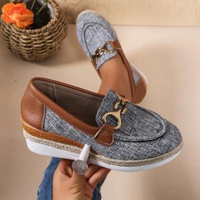 Женские туфли на танкетке большого размера с круглым носком, одинарные, новые, с цепочкой, металлической пряжкой, на платформе из губки, с неглубоким верхом, плетеные из пеньковой веревки