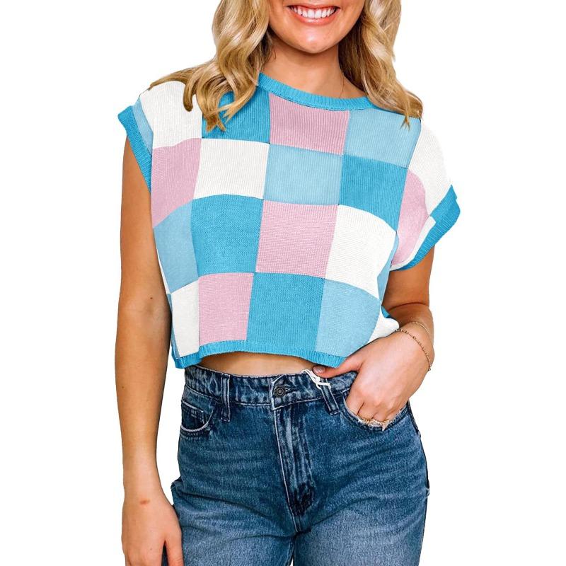 Вязаный клетчатый свитер с круглым вырезом и короткими рукавами, женский короткий топ с высокой талией и открытым пупком, повседневный трикотаж