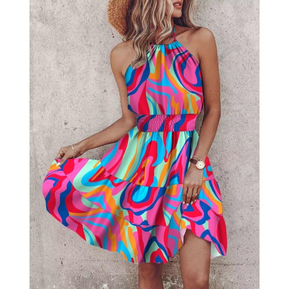 Летнее модное сексуальное женское платье с открытыми плечами и вырезом на шее, женская юбка-миди с принтом