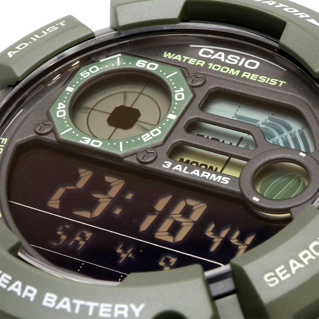 Casio Цифровые мужские часы WS-1500H-3BV с отображением данных о рыбалке и лунных данных, черный инвертированный ЖК-дисплей, армейский зеленый, модель для зарубежного рынка [параллельный импорт]