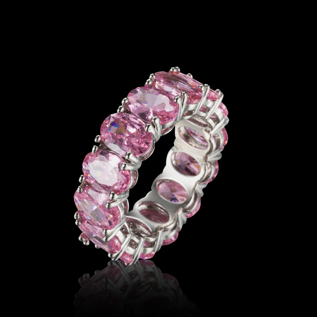 High imitation artificial colored treasure ring, red and blue, pink diamond ring, light luxury wide version egg-shaped ring.