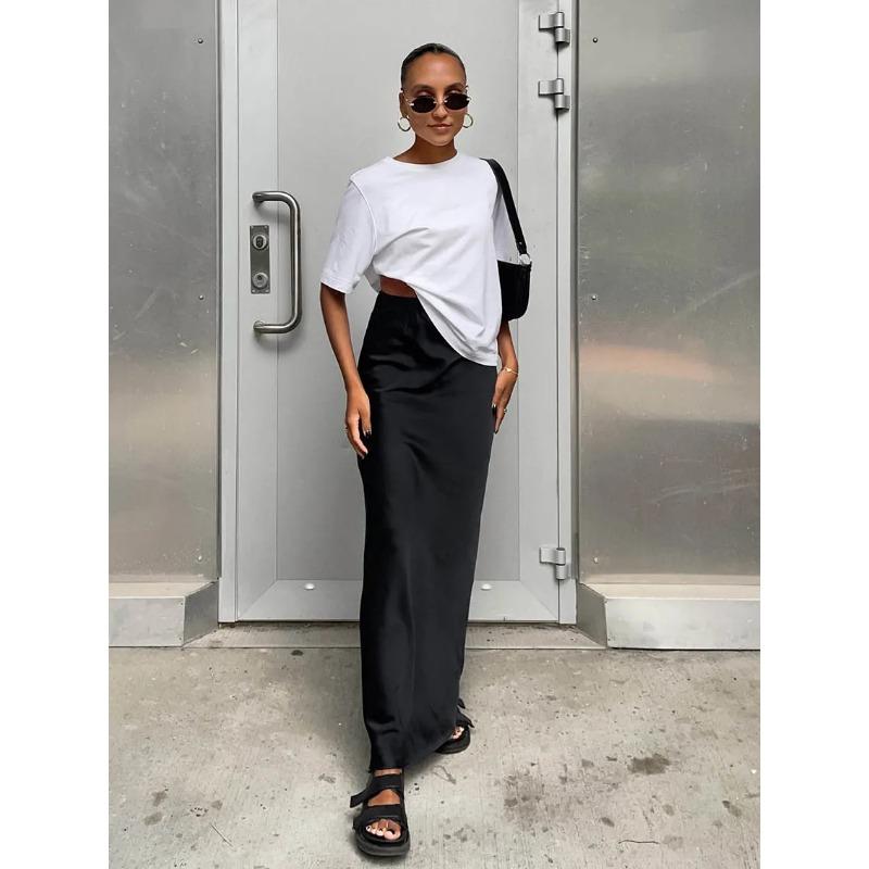 Elegant Satin Black Trumpet Skirts Fashion Slim High Waist Skirts Women Female 2023 Solid Office Long Skirt Spring Summer