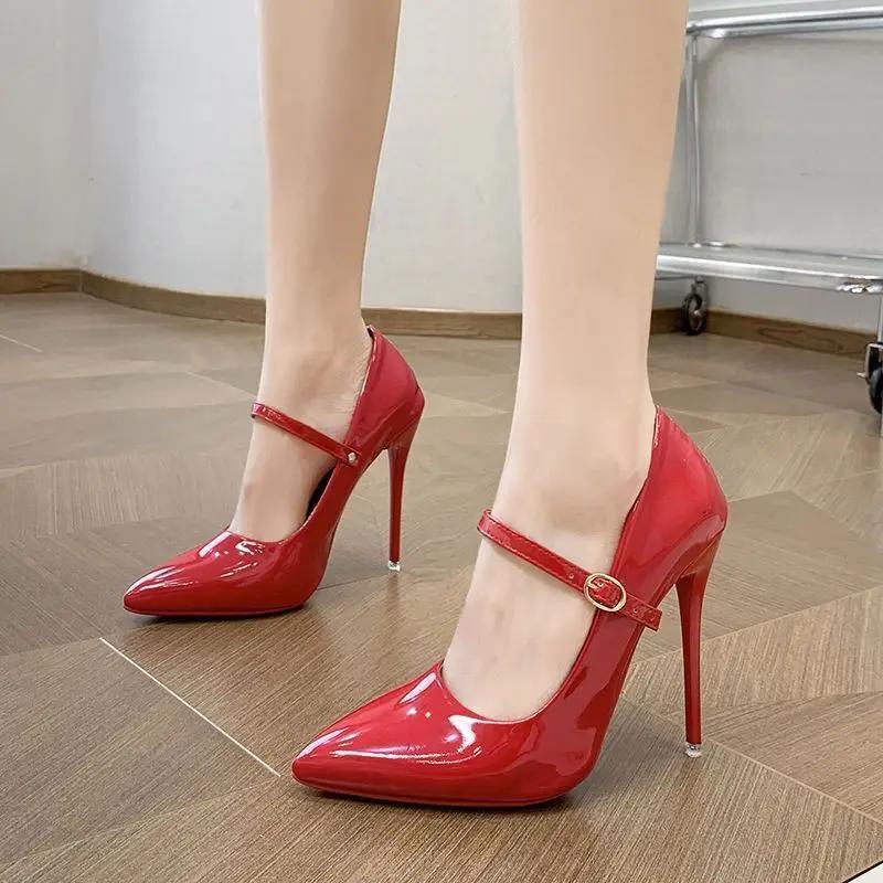 Сексуальные туфли на высоком каблуке с пряжкой One Word, модные туфли на высоком каблуке 12 см, женские туфли-лодочки для вечеринок с большим острым носком и шпилькой