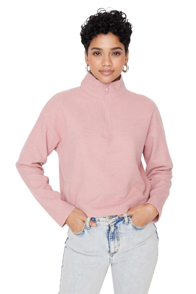 Women's Fashionable Stylish Sweatshirt Black Thessaloniki Knitwear Look Zipper Collar Regular Normal Fit Knitted Sweatshirt