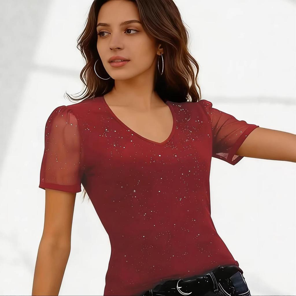 Женская модная футболка с V-образным вырезом, сетчатая, с коротким рукавом, весна/лето 2026