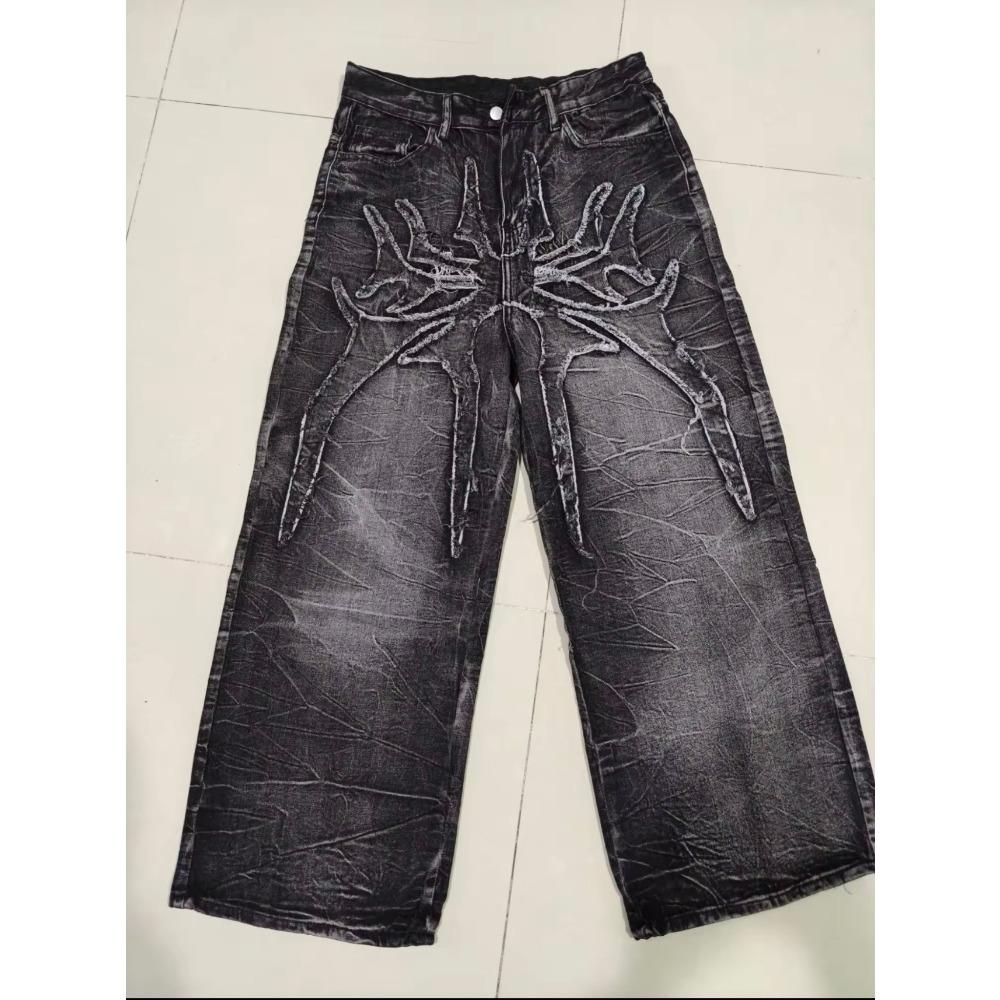 Джинсы Y2K Phantom с вышитой нашивкой в виде паука на улице, хип-хоп, готические, ретро, свободные, мешковатые, унисекс, для уборки