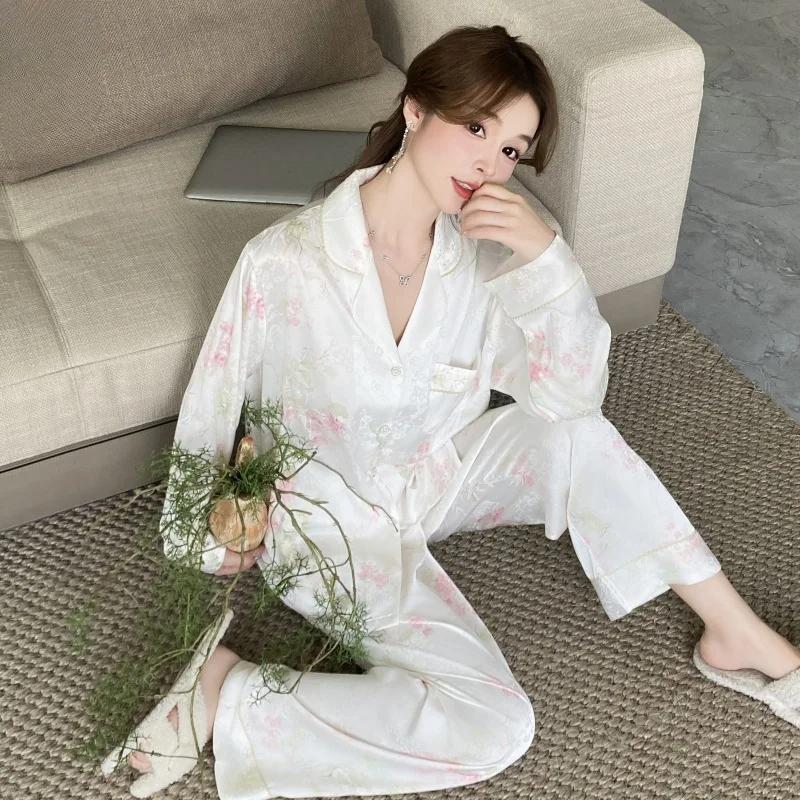 Весенние и осенние пижамы женские с цветочным принтом новые домашние костюмы с длинными рукавами из ледяного шелка роскошная домашняя одежда