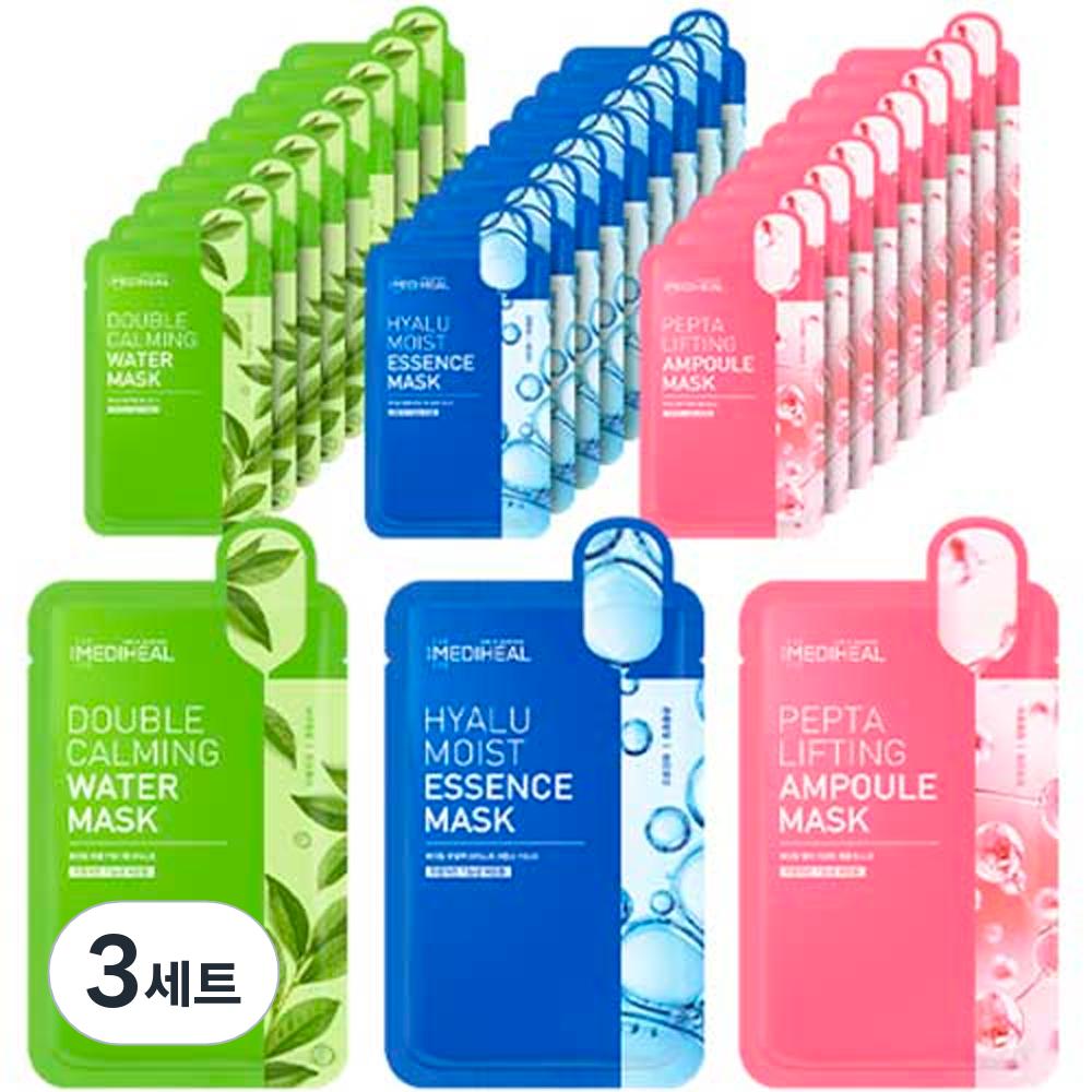 Mediheal Двойная успокаивающая водная маска + увлажняющая эссенциальная маска Hyalu + ампульная маска Pepta Lifting, 30 листов, 3 набора