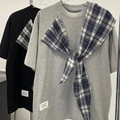 Футболка с коротким рукавом в клетку для женщин, свободные хлопковые футболки с круглым вырезом, летний женский пуловер в корейском стиле