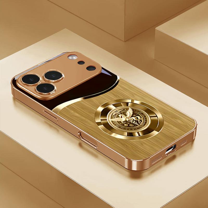 Золотой Чехол-Медальон Пегас с Электролитическим Покрытием для iPhone 18 17Air 17 16 15 14 13 12 11 Pro Max Plus 16E XR 7 8 X Стеклянная Крышка