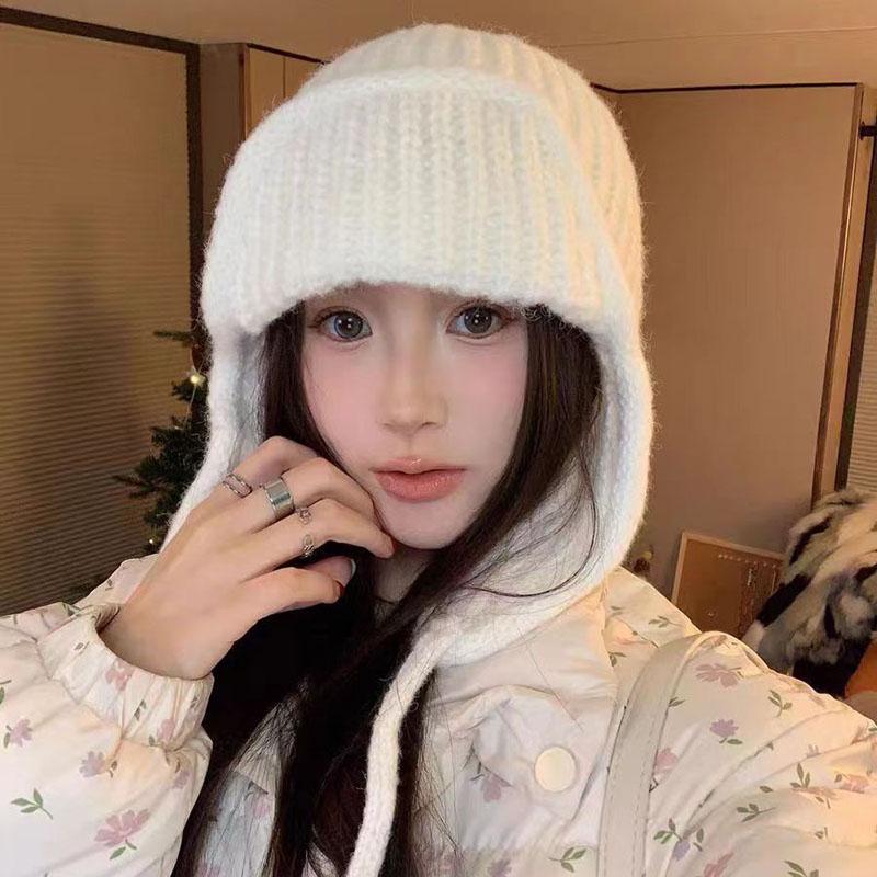 Японская вязаная шапка для защиты ушей, зимняя теплая, морозостойкая, летная шапка, однотонная шерстяная вязаная шапочка, корейская женская шапочка