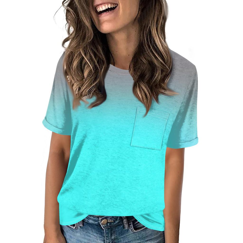 Women's Pocket Gradient Print Summer Short Sleeve Round Neck Casual Loose T-shirt Top