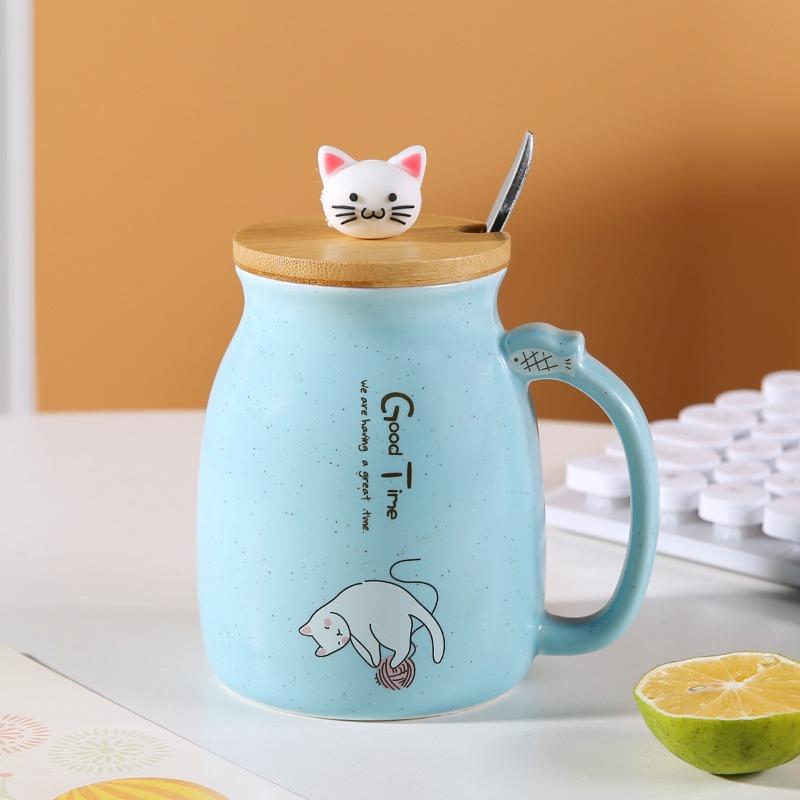 Kawaii Cute Cat Ceramic Coffee Mug with Kitty Lid And Spoon Japanese Style Tea Cup for Women Cat Lovers Novelty Gifts