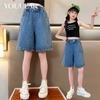 Новые летние джинсовые шорты для девочек, детские брюки средней длины, тонкие широкие брюки