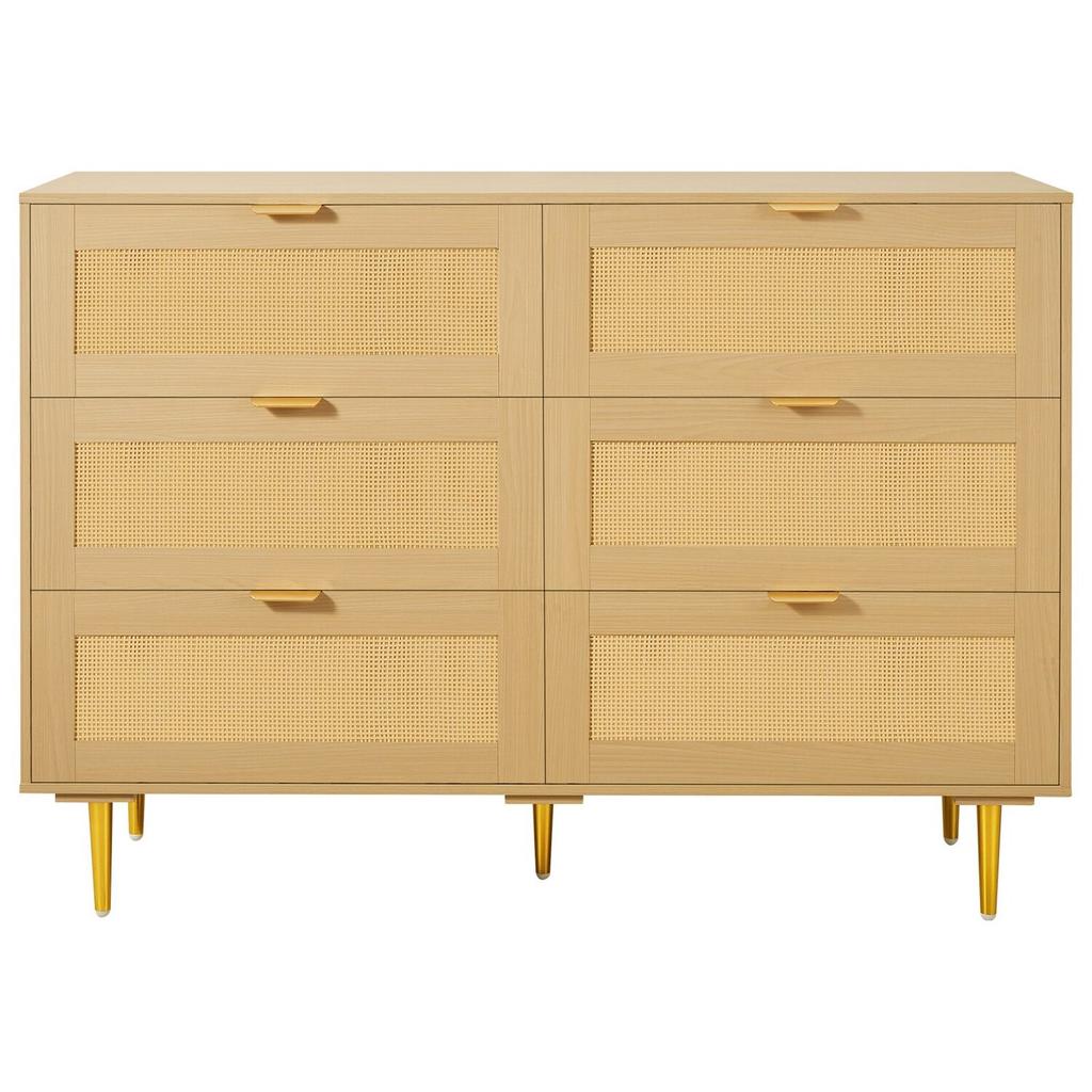 6 Drawer Rattan Dresser, Double Dresser for Bedroom, Natural Rattan Chest of Drawers with Metal Handles & Legs, Modern Wood Chest Clothing Organizer &
