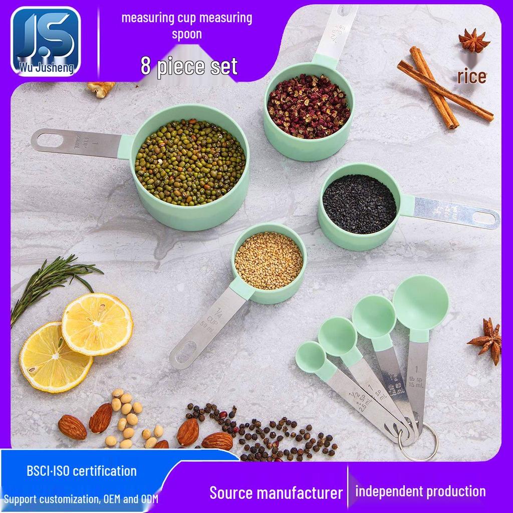 Stainless Steel Handle 8-Piece Measuring Cup & Spoon Set with Food-Grade Plastic Scaled Cups