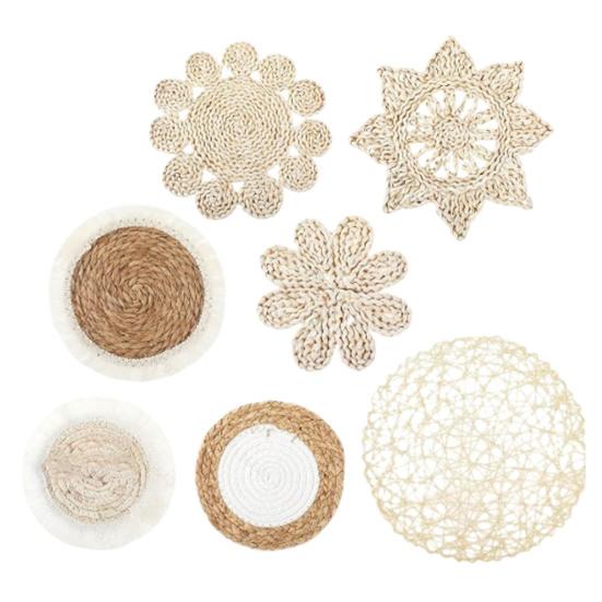 7Pcs/Set Bohemian Straw Woven Wall Decoration Home Office Living Room Bedroom Background Wall Art Rustic Natural Wicker Weave Ornament