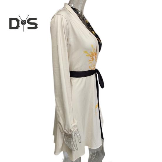 Весна-осень Женское платье со шнуровкой на талии, завязывающимся лацканом, V-образным вырезом, А-силуэтом, подходящим по цвету, пальто с длинными рукавами, деловое мини-платье для поездок на работу