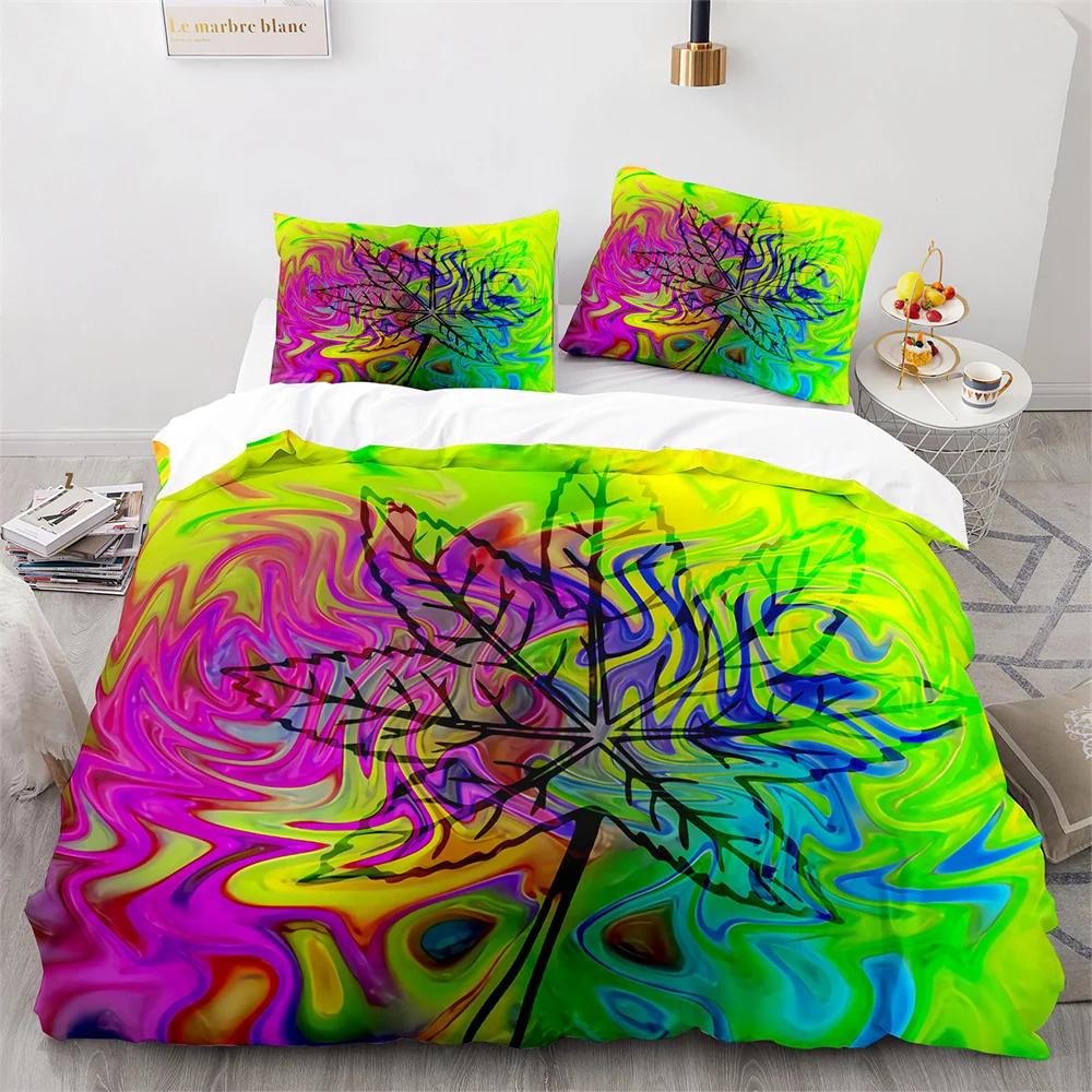 Weed Green Leaf Duvet Cover Watercolor Purple Blue Polyester King Queen Maple Leaf Duvet Cover For Women Men Bedroom Decoration