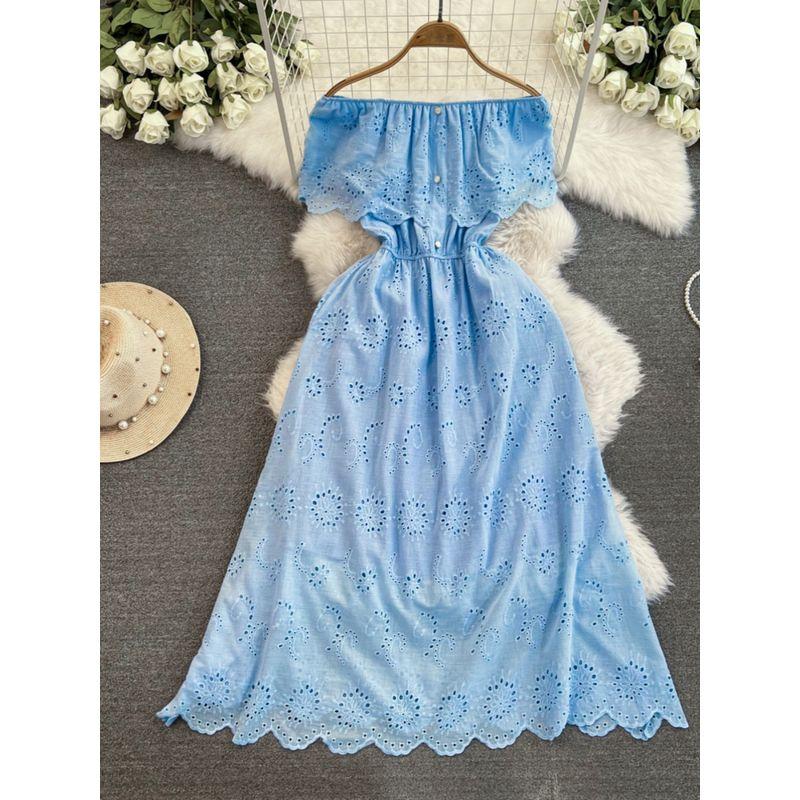 Vacation Style off-Shoulder Waist Slimming Embroidered Dress
