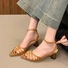 Shoes Female Closed Toe Women's Sandals Fashion Dress Sandals Women Hollow Pointed Toe Ankle Buckle Strap Med Heel Shoes