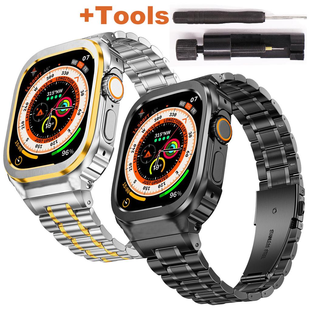Mod Kit Stainless Steel Strap+Metal Case Ultra 49mm For Apple Watch Series 8 7 6 5 SE 45mm 44mm 40mm 41mm Modification Band