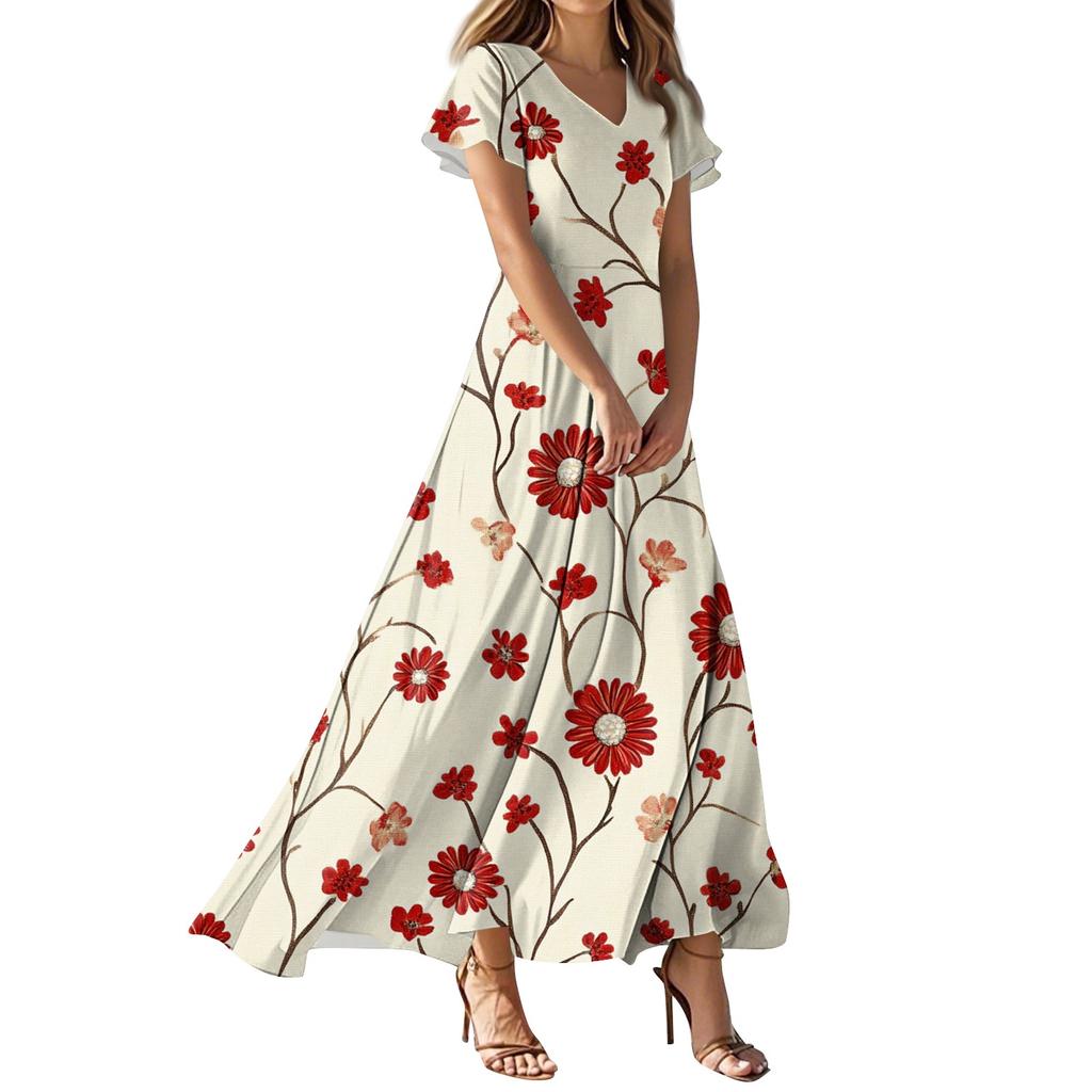 Женские летние повседневные модные платья с цветочным принтом, платья с V-образным вырезом и коротким рукавом
