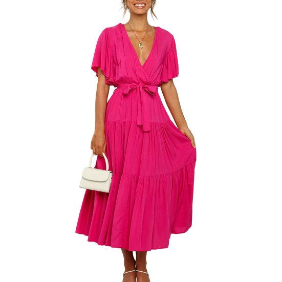 Женское летнее платье миди с v-образным вырезом и короткими рукавами, пояс с высокой талией и рюшами, однотонное платье трапециевидной формы, уличная одежда