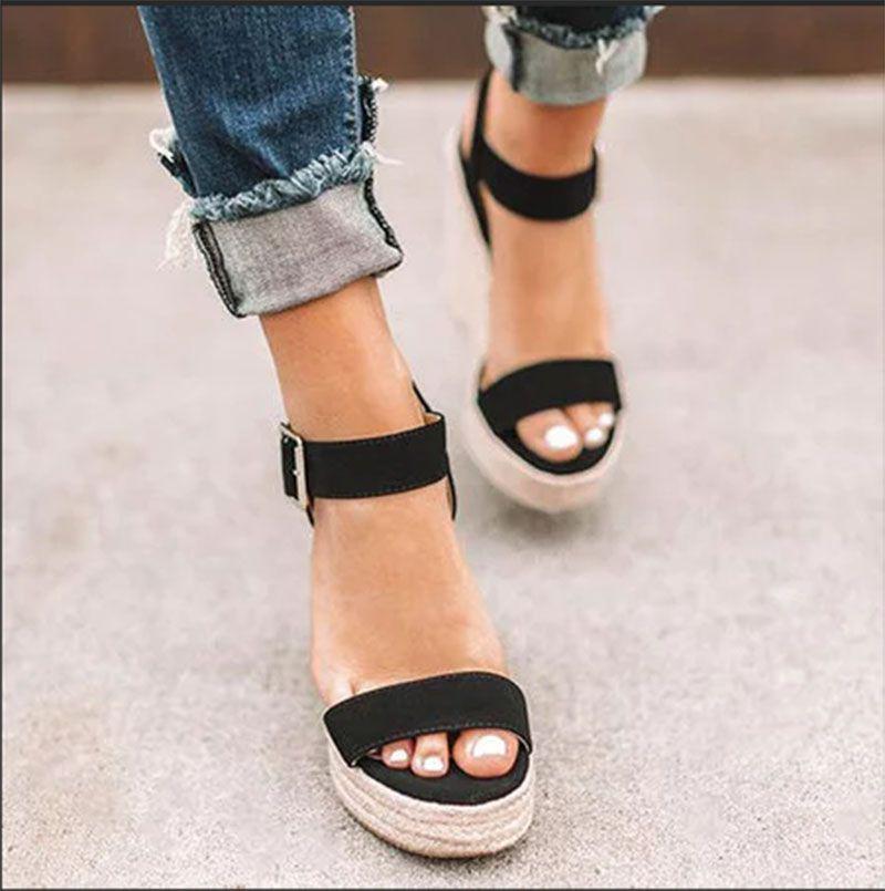 Elegant Summer Hemp Ladies Peep Toe Rope Wedge Sandals With Buckle Ankle Strap