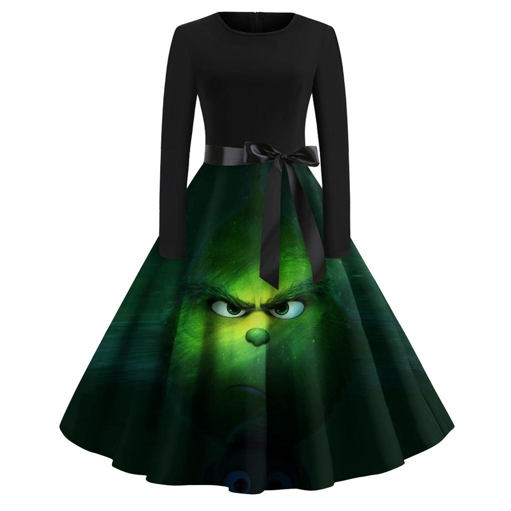 Женское рождественское расклешенное платье с принтом для женщин, платье с длинным рукавом, вечерние повседневные платья