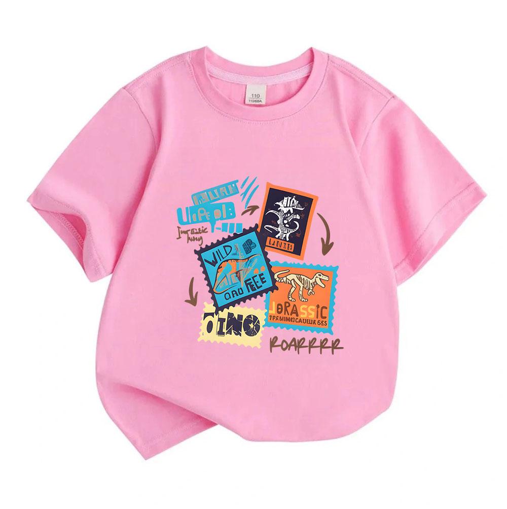 Kids Boys Girls 100% Cotton Crew Neck Short Sleeve T-Shirt, Casual Dinosaur Stamp Wild Free Jurassic Pattern Tee for Daily Wear