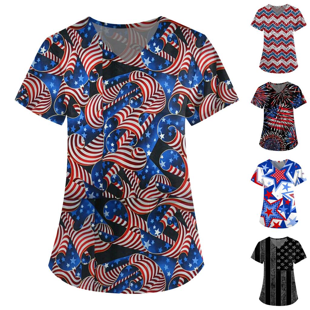 Women's Short Sleeve V-Neck Independence Day Printed Pocket Carer Top
