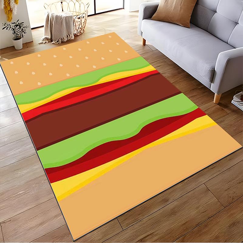 Cartoon Burger Pattern Rug Design, Non-slip rug suitable for living room and bedroom sofas.
