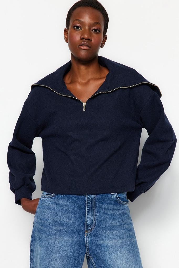 Women's Fashionable Stylish Sweatshirt Emerald Green Thessaloniki Knitwear Look Polo Neck Zippered Regular Knitted Sweatshirt