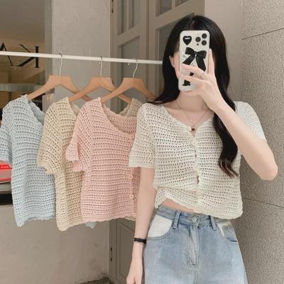Женский ажурный трикотажный кардиган - короткий рукав, сетка, топ-шаль, солнцезащитный стиль весна/лето 2023 г.