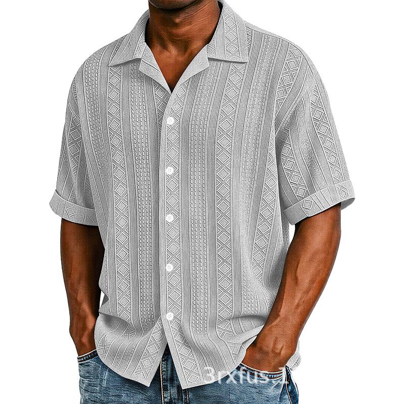 Men Cuban Collar Geometric Jacquard Full Button Short Sleeve Casual Shirt