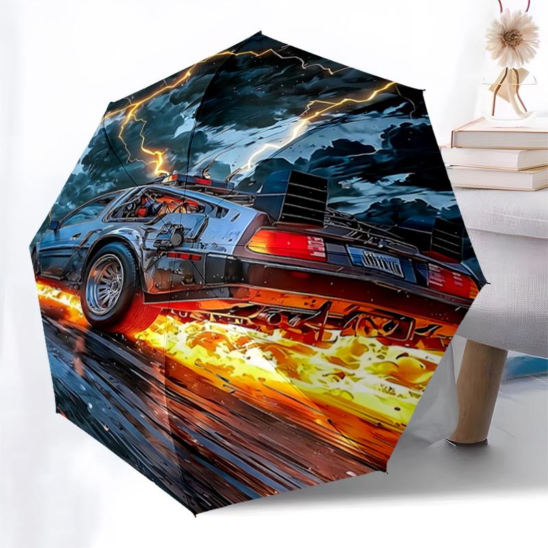 Time-Traveling Flames: The Ultimate Back to the Future Car-Themed Umbrella with Automatic Opening, Foldable Design, 8-Bone Frame, Outdoor Us