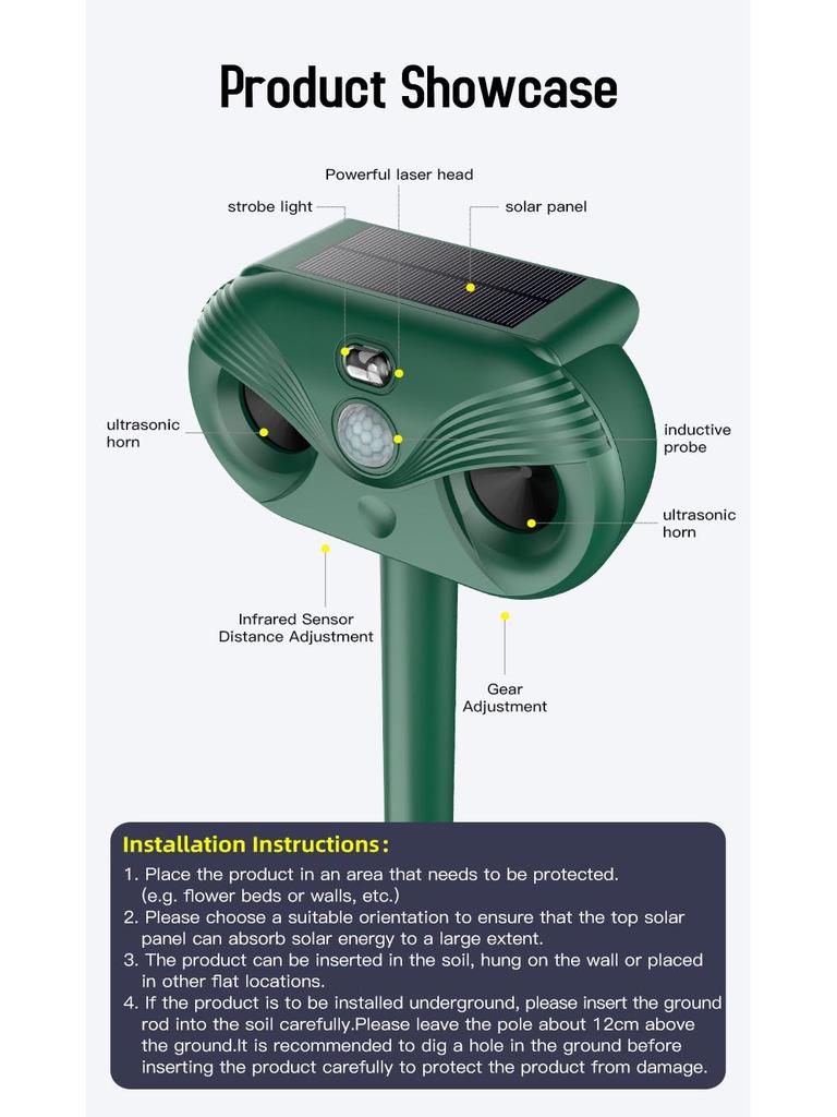 Солнечный ультразвуковой отпугиватель вредителей: Защита от мышей, птиц и насекомых для улицы