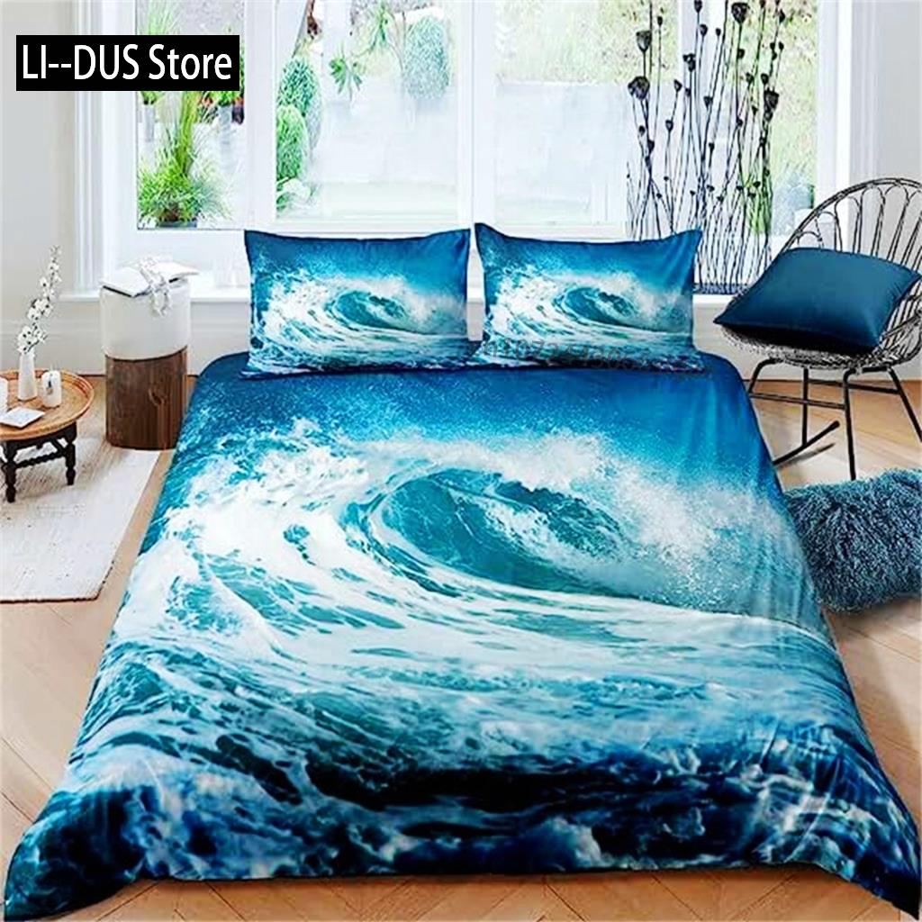 Blue Ocean Duvet Cover Waves Bedding Set Hawaiian Tripocal Sea Wave Sea Beach Bedding Comforter Cover Microfiber For Women Men