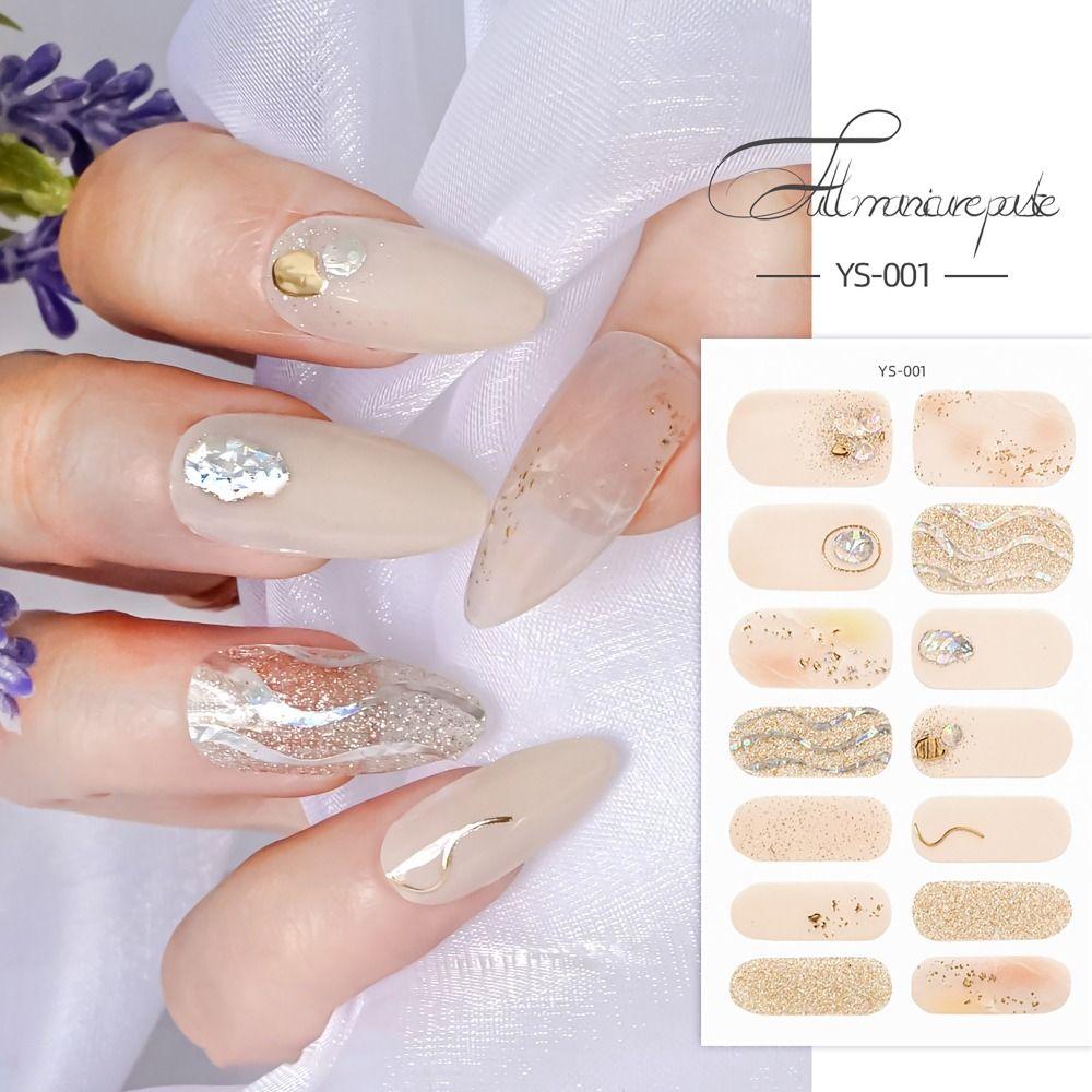 Наклейки для ногтей с полуотвержденным гелем с полным покрытием, 14 полосок, блестящие наклейки для дизайна ногтей, изготовление дизайна ногтей своими руками