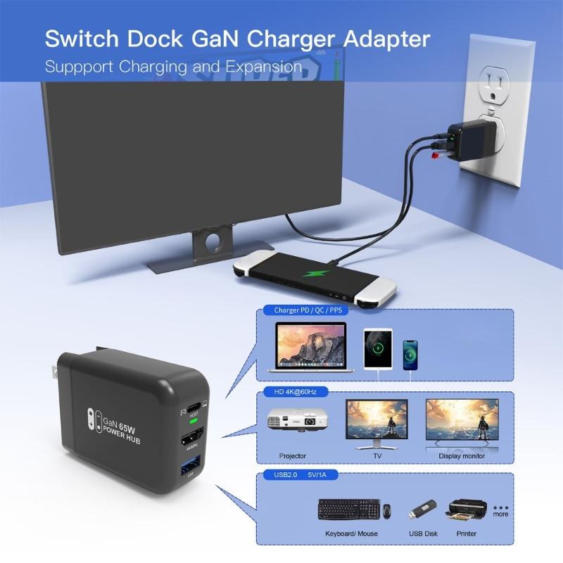 Универсальная быстрая зарядная станция 65 Вт для Switch, Pad с портом 4K HDTV и портативным дизайном