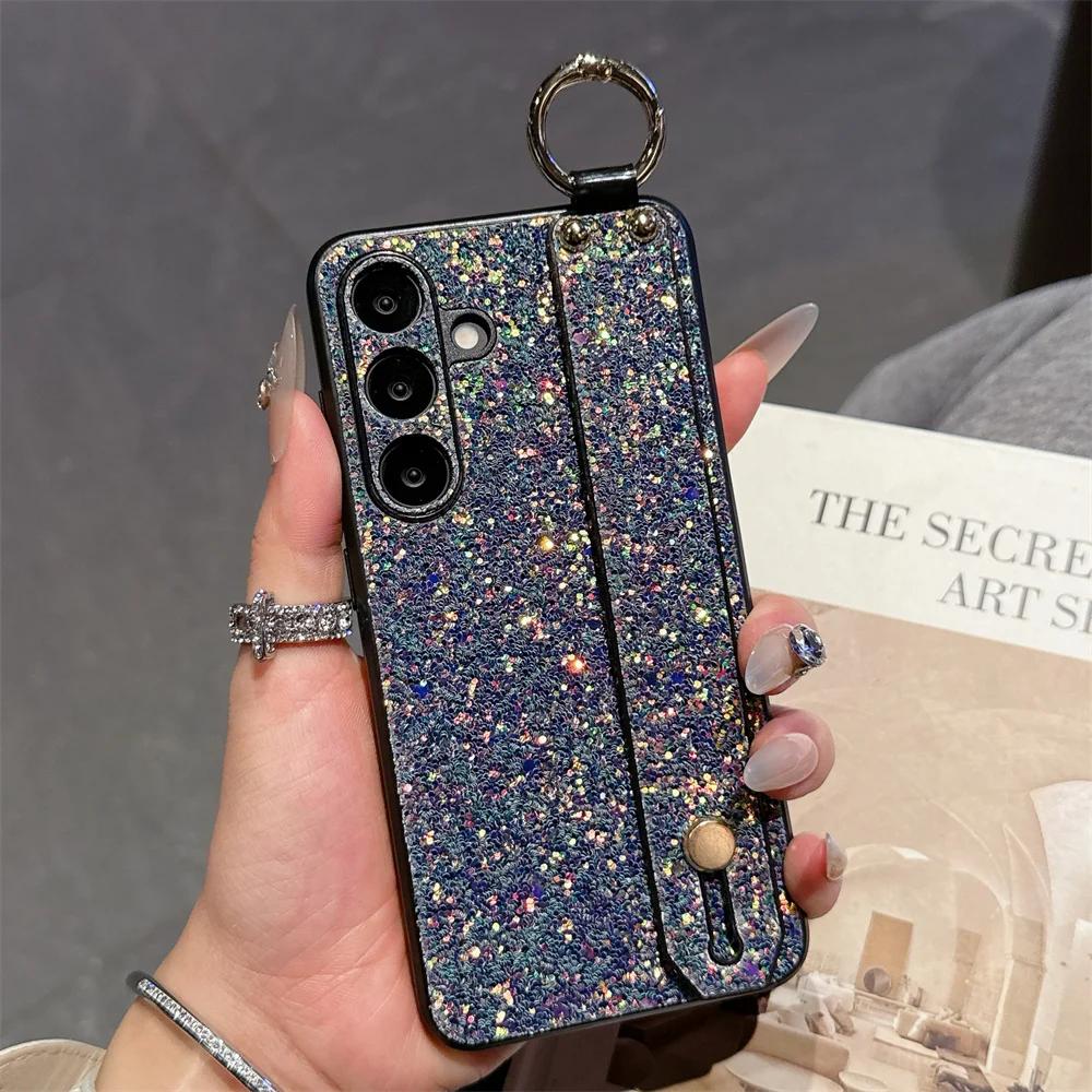 Wrist Strap Bracket Ring Phone Case for Samsung Galaxy S25 Ultra S24 S23 S22 S21 Plus Flash Diamond Leather Hard Shell Cover