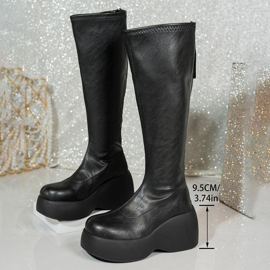 Short Plush Women's Knee-High Boots Autumn Winter Thick Sole Long Boots Black PU Back Zip Platform Botas Largas Mujer Size 36-42