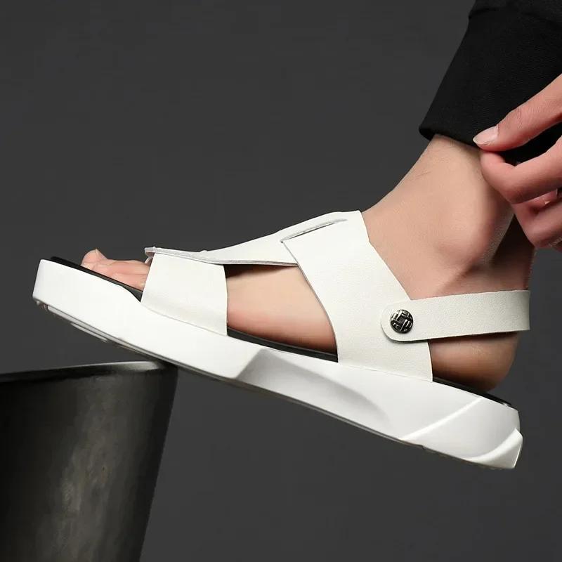 Сандалии мужские из натуральной кожи, летние модные повседневные тапочки на полой платформе, легкие и удобные, с высоким верхом, мужские туфли