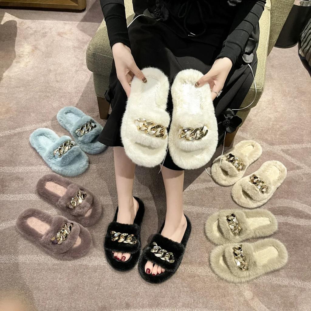 Зимние тапочки женские цепочные толстые подошвы плюшевые тапочки модные женские уличные теплые тапочки на плоском каблуке