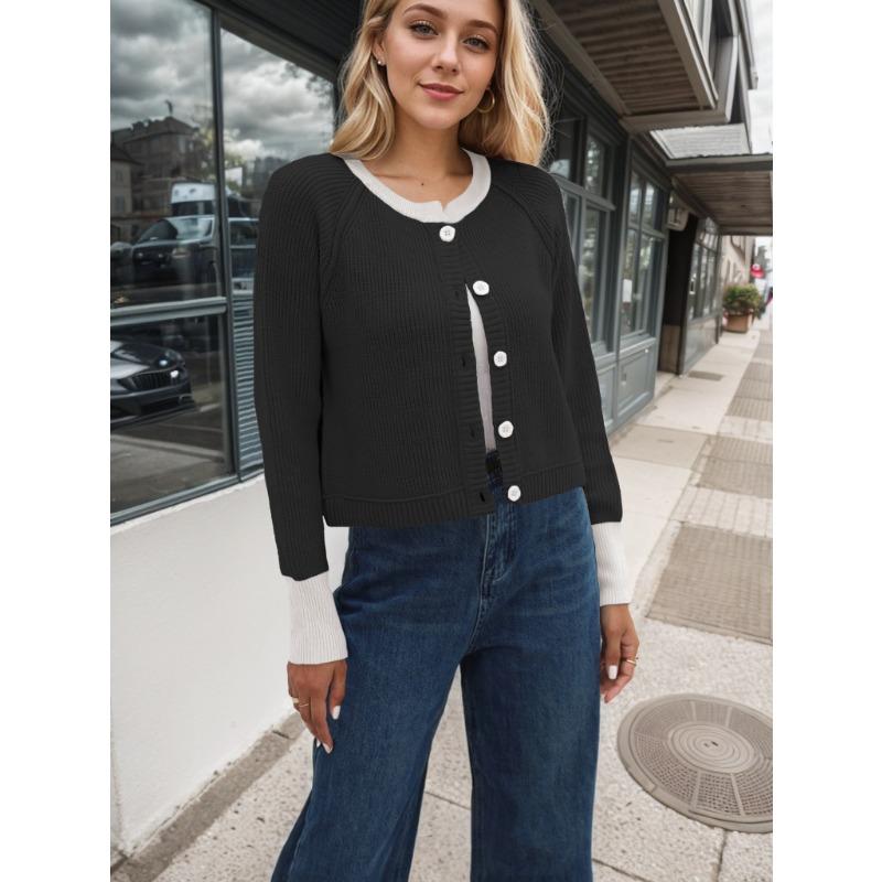 Autumn and Winter Sweater Women's Knitwear Fashion Round Neck Single Row of Buttons Colour Collision Knitted Cardigan Jacket