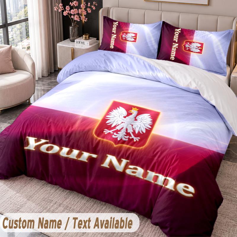 Poland Football Printed Bedding Set Custom Name Text 1 Duvet Cover 2 Pillowcases For Bedroom
