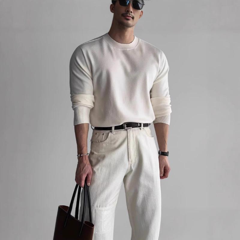 Американский свитер из пряжи core-spun с маленьким вырезом горловины для мужчин, европейский облегающий свитшот с длинным рукавом, мягкие восковые базовые пуловеры